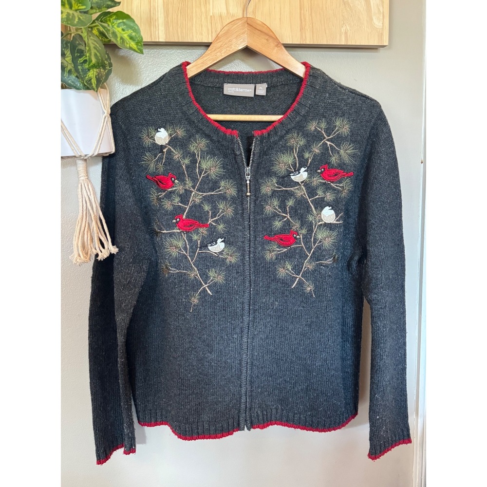 Vintage Croft & Barrow Petite Cardinal Bird Embroidered Cardigan Sweater PL